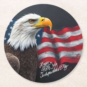 Bald Eagle with American Flag 4th of July Art Round Paper Coaster