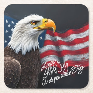 Bald Eagle with American Flag 4th of July Art Square Paper Coaster