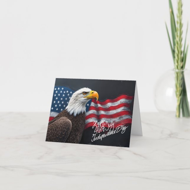 Bald Eagle with American Flag 4th of July Art Thank You Card (Front)