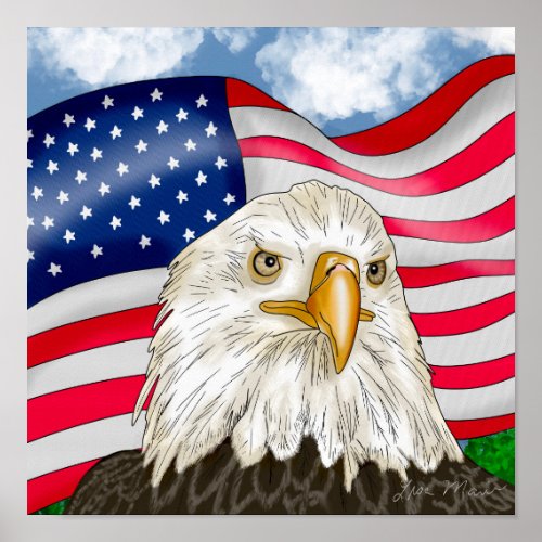 Bald Eagle with American Flag Background Poster