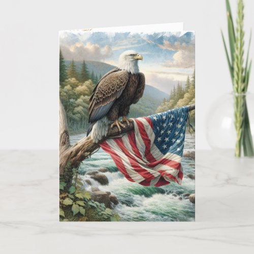 Bald Eagle With American Flag Card