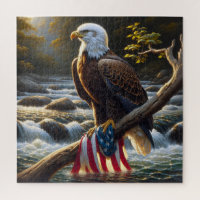 Bald Eagle With American Flag On a Branch