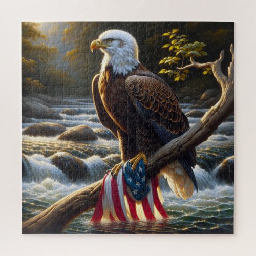 Bald Eagle With American Flag On a Branch Jigsaw Puzzle