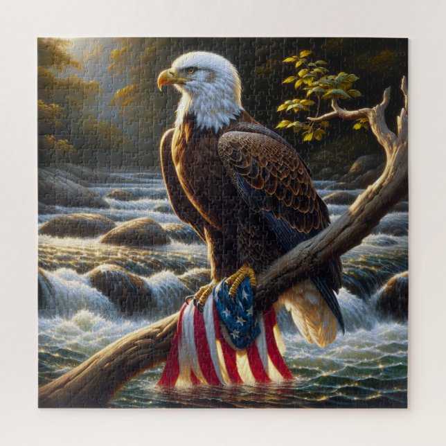 Bald Eagle With American Flag On a Branch Jigsaw Puzzle (Vertical)