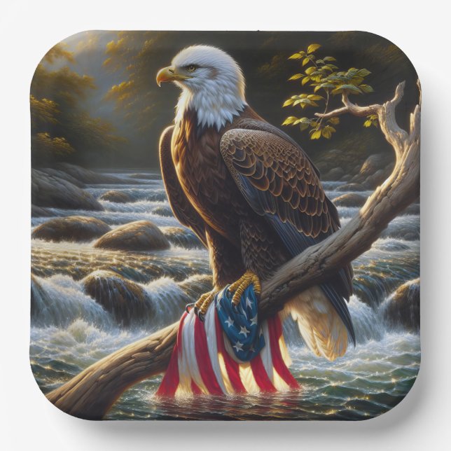 Bald Eagle With American Flag On a Branch Paper Plates (Front)