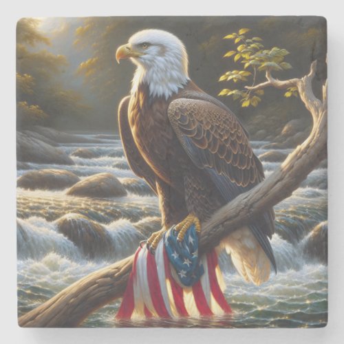 Bald Eagle With American Flag On a Branch Stone Coaster