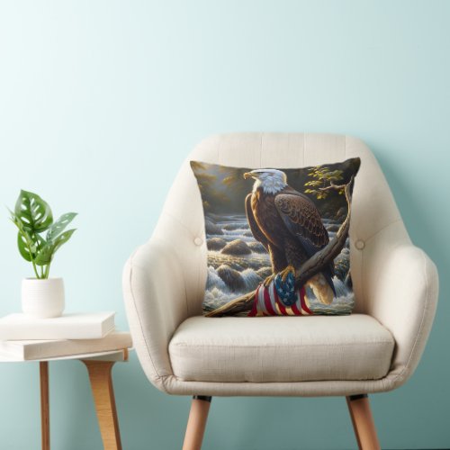Bald Eagle With American Flag On a Branch Throw Pillow