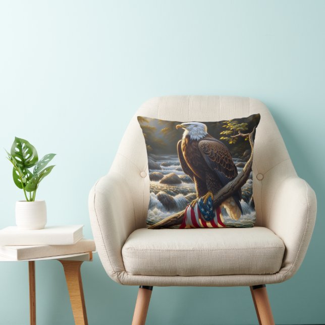 Bald Eagle With American Flag On a Branch Throw Pillow (Chair)