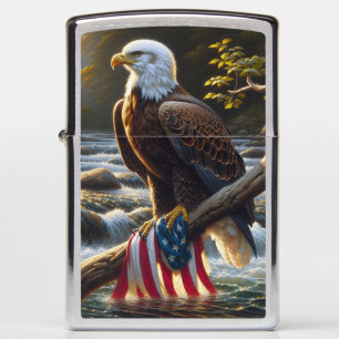Bald Eagle With American Flag On a Branch Zippo Lighter