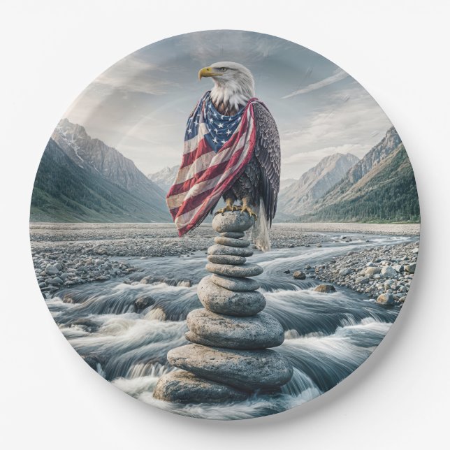 Bald Eagle With American Flag On a Cairn Paper Plates (Front)