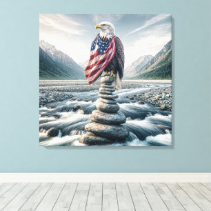 Bald Eagle With American Flag On Cairn Canvas Print