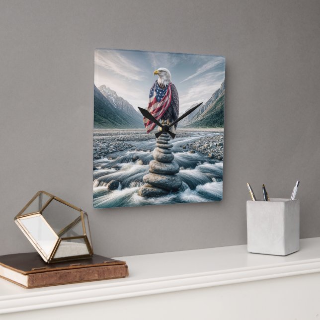 Bald Eagle With American Flag On Cairn Square Wall Clock (Office)