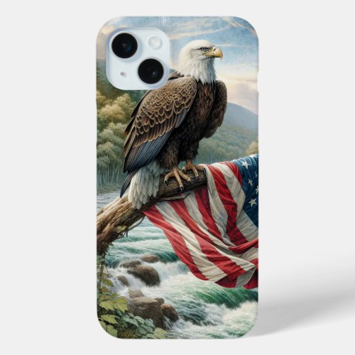 Bald Eagle With American Flag On Tree Branch iPhone 15 Plus Case