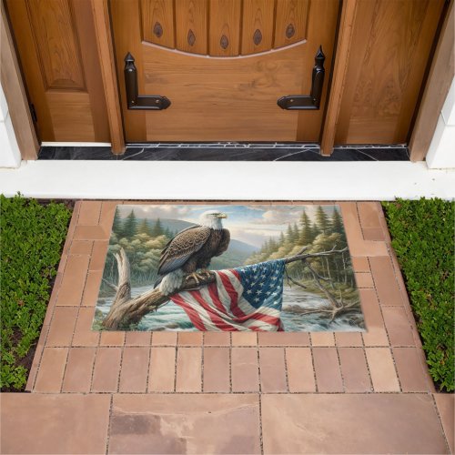 Bald Eagle With American Flag On Tree Branch Doormat