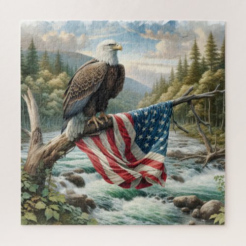 Bald Eagle With American Flag On Tree Branch Jigsaw Puzzle