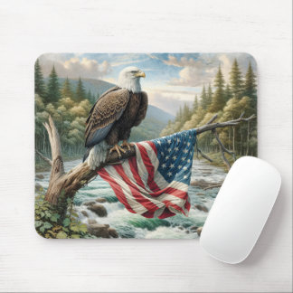 Bald Eagle With American Flag On Tree Branch Mouse Pad