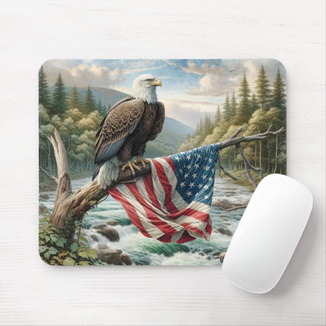 Bald Eagle With American Flag On Tree Branch Mouse Pad (With Mouse)