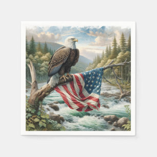 Bald Eagle With American Flag On Tree Branch Napkins