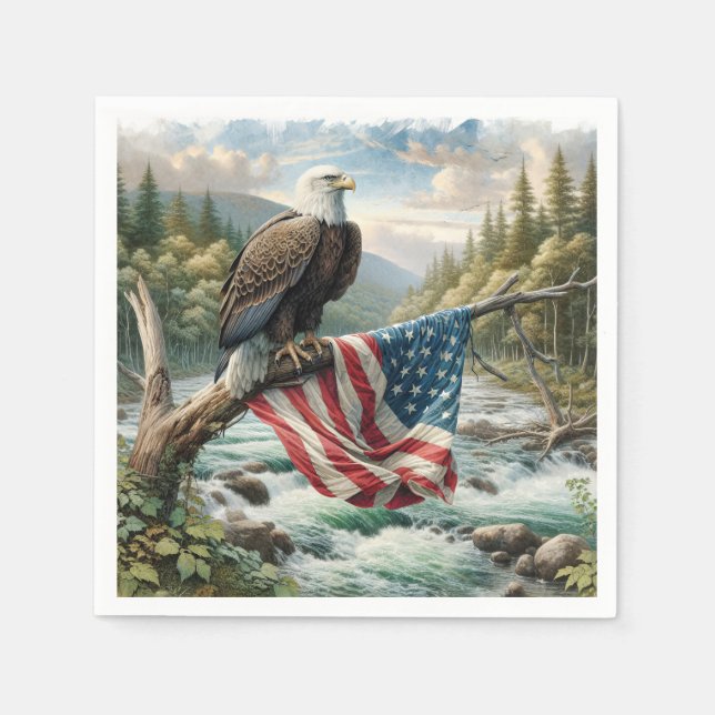 Bald Eagle With American Flag On Tree Branch Napkins (Front)