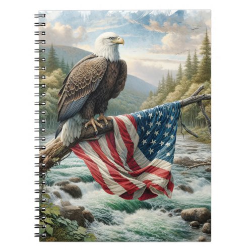 Bald Eagle With American Flag On Tree Branch Notebook