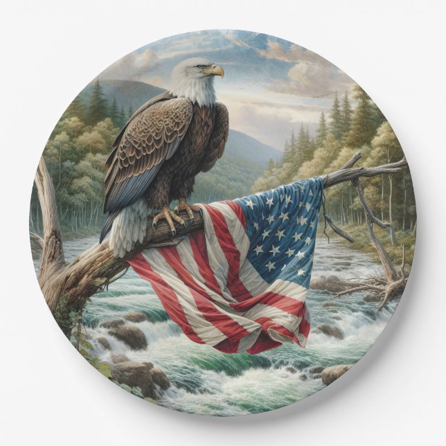 Bald Eagle With American Flag On Tree Branch Paper Plates (Front)