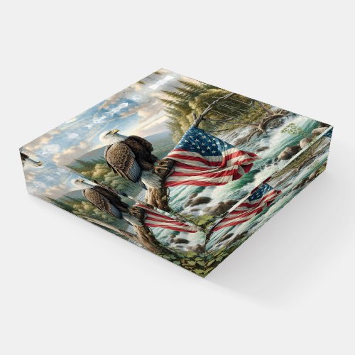 Bald Eagle With American Flag On Tree Branch Paperweight