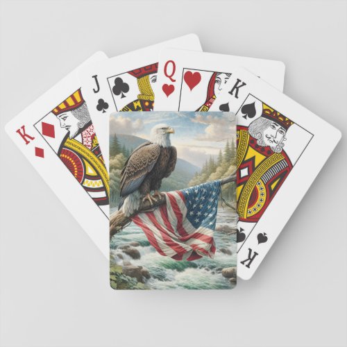 Bald Eagle With American Flag On Tree Branch Poker Cards