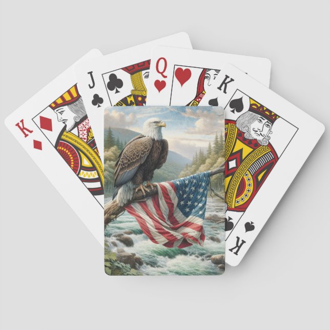 Bald Eagle With American Flag On Tree Branch Poker Cards (Back)