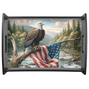 Bald Eagle With American Flag On Tree Branch Serving Tray