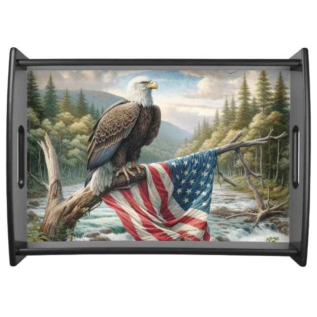 Bald Eagle With American Flag On Tree Branch Serving Tray (Front)