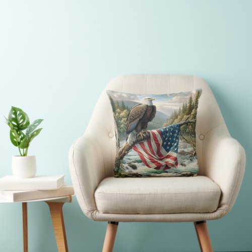 Bald Eagle With American Flag On Tree Branch Throw Pillow