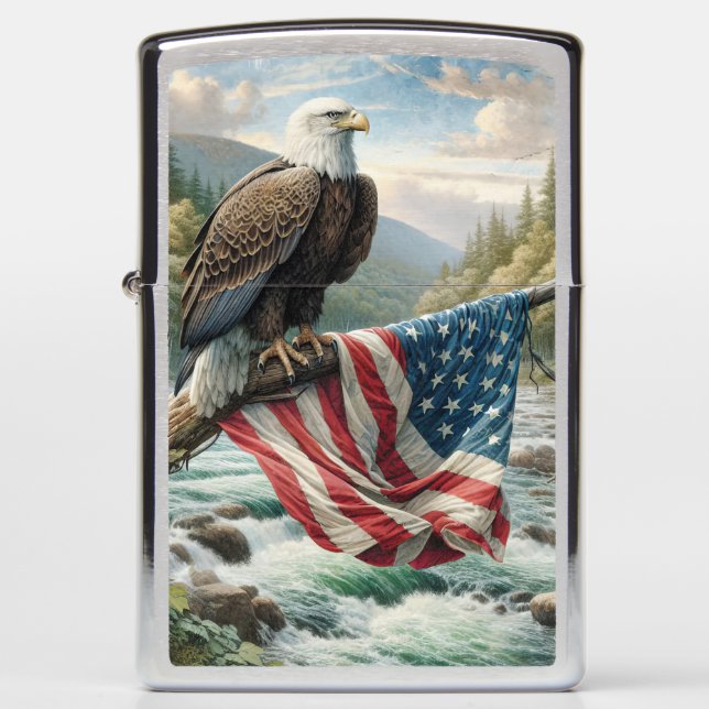 Bald Eagle With American Flag On Tree Branch Zippo Lighter (Front)