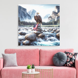 Bald Eagle With an American Flag On a Cairn Canvas Print