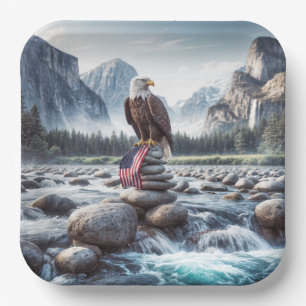 Bald Eagle With an American Flag On a Cairn Paper Plates