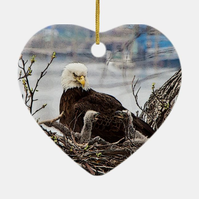Bald Eagle with eaglets Ceramic Ornament (Back)