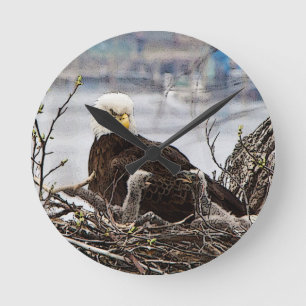 Bald Eagle with eaglets Round Clock