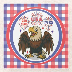 Bald Eagle with Fireworks– USA 250 Years 1776-2026 Glass Coaster
