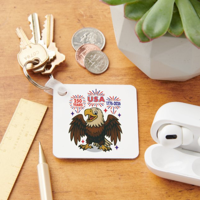 Bald Eagle with Fireworks– USA 250 Years 1776-2026 Keychain (Desk)
