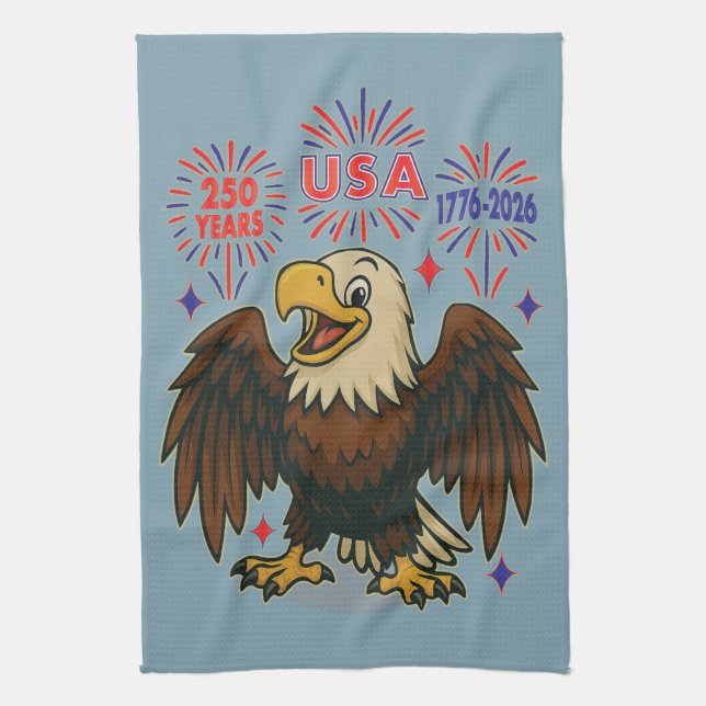 Bald Eagle with Fireworks– USA 250 Years 1776-2026 Kitchen Towel (Vertical)
