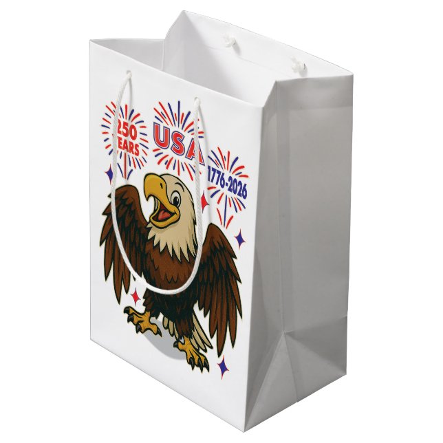 Bald Eagle with Fireworks– USA 250 Years 1776-2026 Medium Gift Bag (Back Angled)