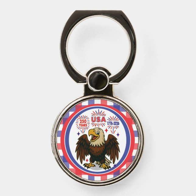 Bald Eagle with Fireworks– USA 250 Years 1776-2026 Phone Ring Stand (Front)