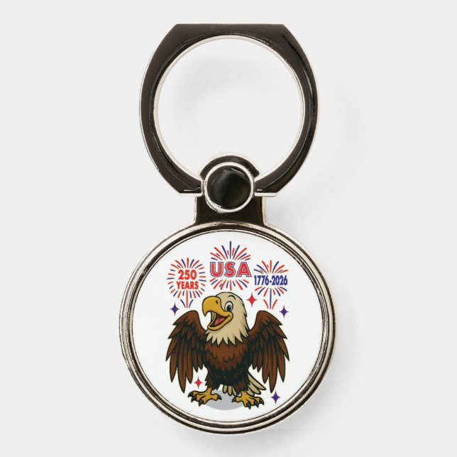 Bald Eagle with Fireworks– USA 250 Years 1776-2026 Phone Ring Stand (Front)