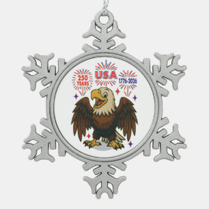 Bald Eagle with Fireworks– USA 250 Years 1776-2026 Snowflake Pewter Christmas Ornament