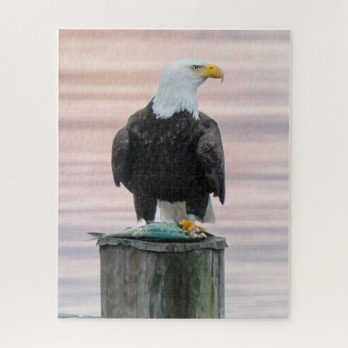 Bald Eagle With Fish On Dock Wildlife Photography Jigsaw Puzzle