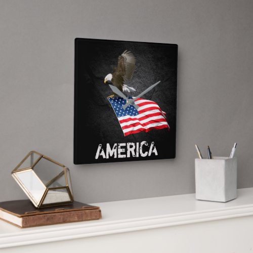 Bald Eagle with Flag On Black Square Wall Clock