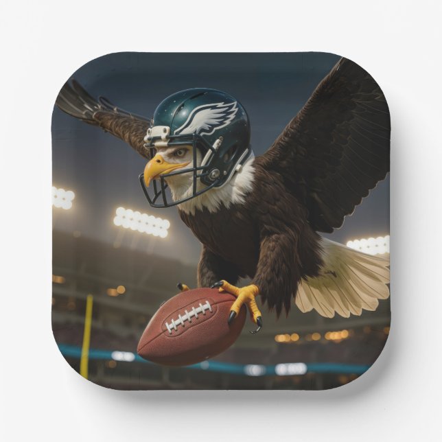 Bald Eagle With Football and Helmet In Stadium Paper Plates (Front)