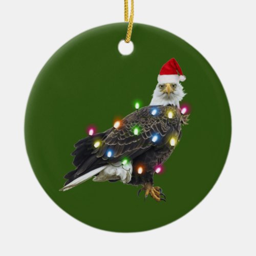 Bald Eagle With Hat Lights Christmas Ceramic Ornament