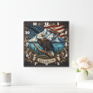 Bald Eagle With Mountains and Flag Square Wall Clock