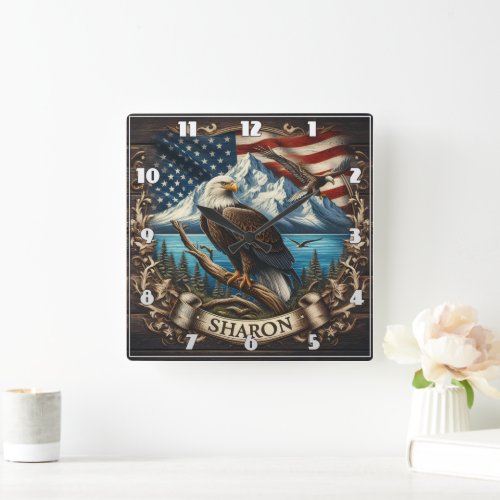 Bald Eagle With Mountains and Flag Square Wall Clock