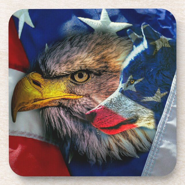 Bald Eagle Wolf American Flag Beverage Coaster (Front)